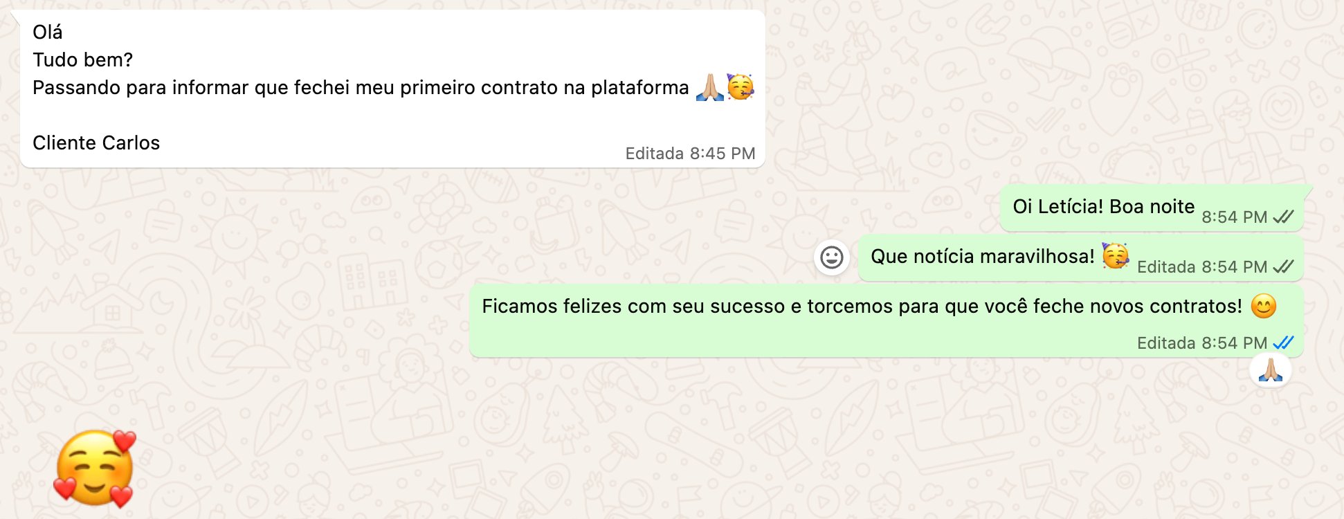 Assistente comunicando primeiro contrato fechado